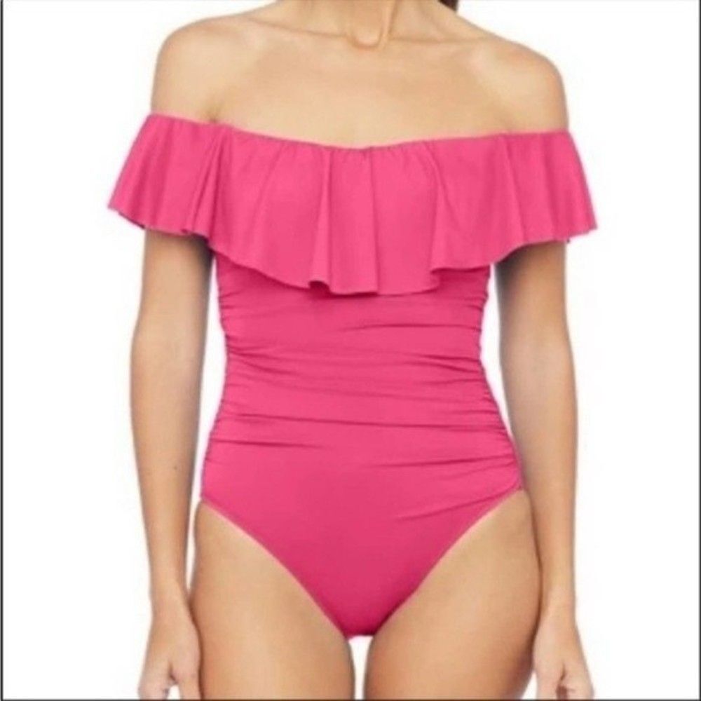 La Blanca Island Goddess Off-The-Shoulder Ruffled Tummy-Control One-Piece Sz 4